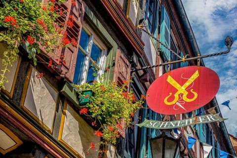Decorative craftsman's symbol on a half-timbered house