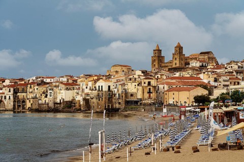 View of the town of Cefalu with beach