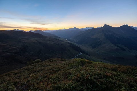 Mountain panorama in front of sunrise from Portlakopf