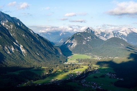 View into the valley with the village of Leutasch