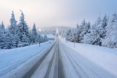 Road from the mountain in the morning in winter