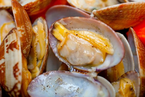Fresh clams stewed on an iron skillet over wite rustic wood table