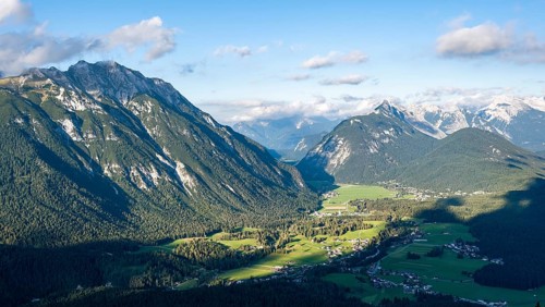 View into the valley with the village of Leutasch