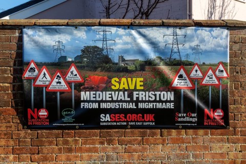 Protest campaign banner against Scottish Power and National Grid proposed electricity substation at Friston