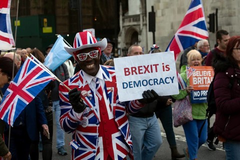 Man with Brexit is Democracy sign and wearing UK suit at a Leave means Leave march