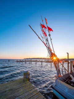 Fishing cutter in the harbour at the Salzhaff at sunset