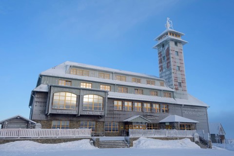 Fichtelberghaus on the summit of Fichtelberg with snow in winter