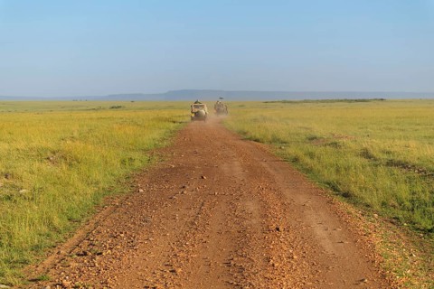 Road in savannah landscape with safari vehicle