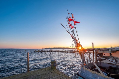Fishing cutter in the harbour at the Salzhaff at sunset