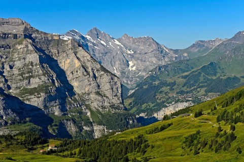 View from Kleine Scheidegg into the Lauterbrunnen Valley with the mountain village of Mürren