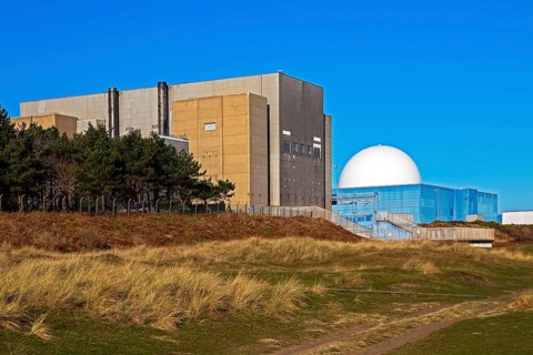 Decommissioned Sizewell A and white dome of PWR Sizewell B nuclear power stations