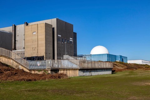 Decommissioned Sizewell A and white dome of PWR Sizewell B nuclear power stations