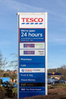 Sign for Tesco superstore with petrol and diesel prices