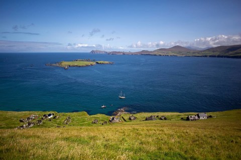 View of Blasket Sound and mainland from Great Blasket Island on a lovely August day in Ireland. County Kerry