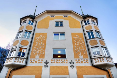 Facade with bay windows and floral motifs