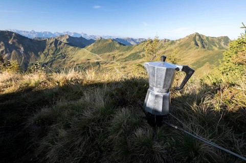 Espresso pot on a gas cooker in the morning light