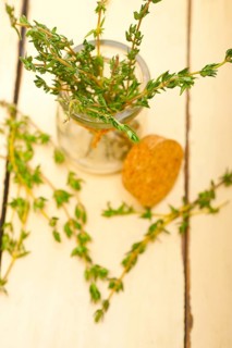 Fresh thyme on a glass jar over a white wood rustic table