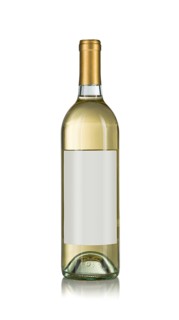Wine bottle with white wine and blank wine label ready for you own design and text against a white background