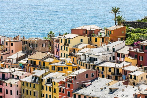 The village of Vernazza with its nested pastel-coloured houses built into the hillside