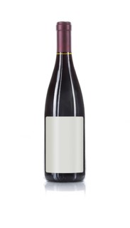 Wine bottle with red wine and blank wine label ready for you own design and text against a white background