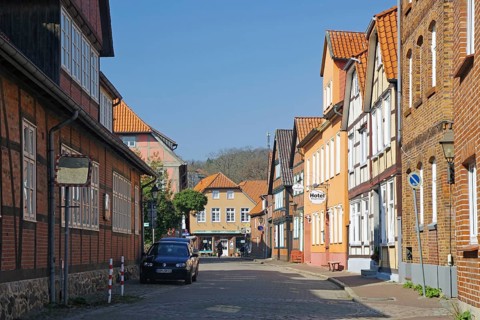 Narrow street with half-timbered houses in Hitzacker