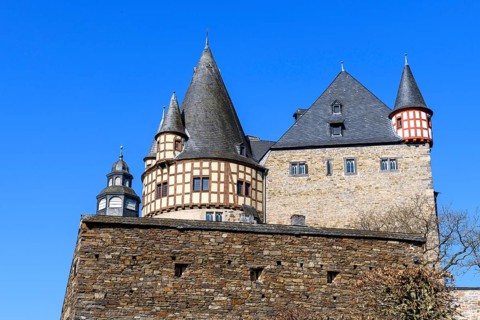 View of towers of double castle Buerresheim Castle with Trier Castle from Middle Ages