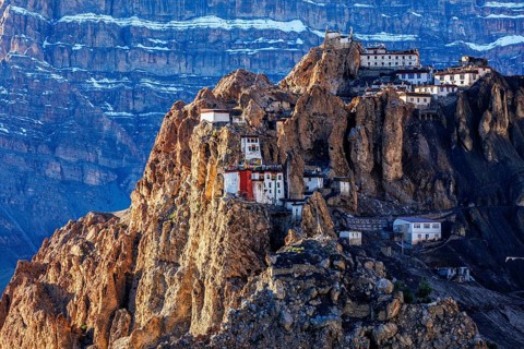 Famous indian tourist landmark Dhankar monastry perched on a cliff in Himalayas. Dhankar