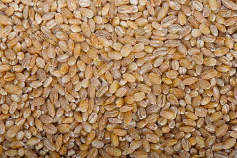 Organic barley grains over rustic wood table macro closeup