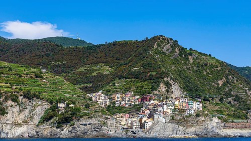 The village of Manarola with its nested pastel-coloured houses built into the hillside