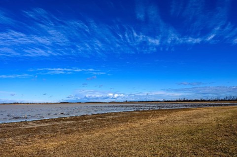 Wide view over a landscape without people in the lowlands of the Lange Lacke in Burgenland