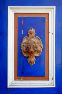 Old decorative wooden door with lion's head as doorknob