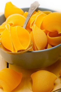 Raw Italian snail lumaconi pasta on a blue bowl over rustic table macro