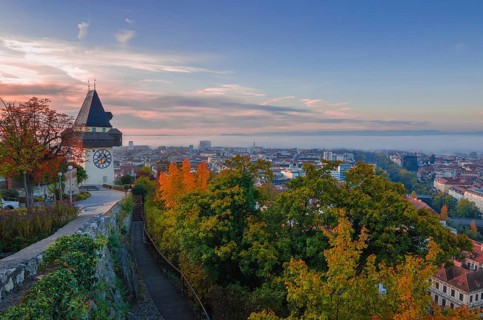 Cityscape of Graz and the famous clock tower