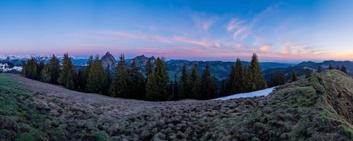 Morning atmosphere on the Furggelenstock with a view of the Mythen and the Alps