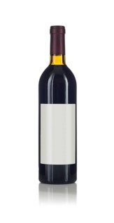 Wine bottle with red wine and blank wine label ready for you own design and text against a white background