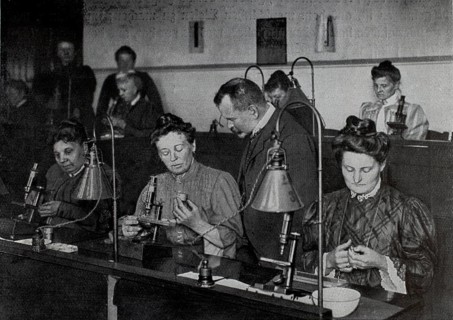Women at a meat inspection with a microscope