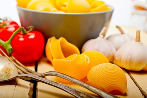 Italian snail lumaconi pasta with ripe cherry tomatoes sauce ingredients