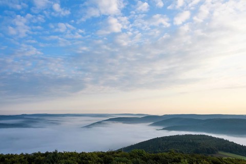 View from Katzenbuckel mountain with morning mist