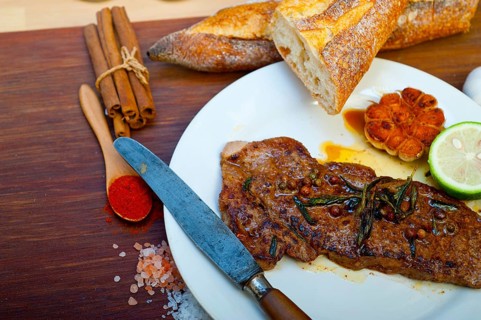 Roasted grilled ribeye beef steak butcher selection