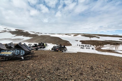 Snowmobiles in rows