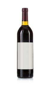 Wine bottle with red wine and blank wine label ready for you own design and text against a white background
