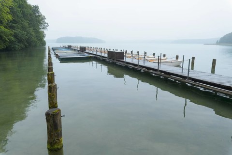 Boats on the lake shore in the morning
