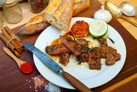 Roasted grilled ribeye beef steak butcher selection