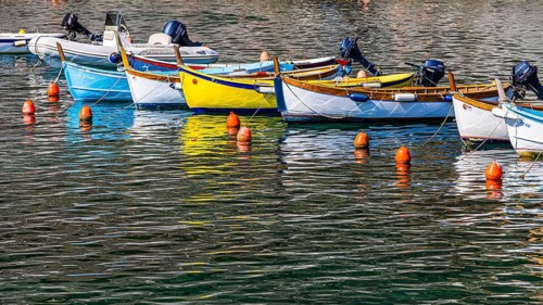 Colourful fishing boats attached to buoys are reflected in the harbour of Vernazza