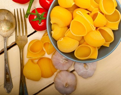 Italian snail lumaconi pasta with ripe cherry tomatoes sauce ingredients