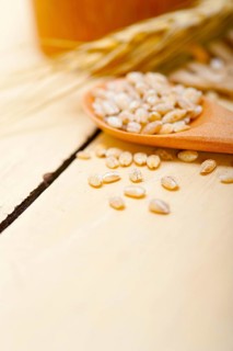 Organic wheat grains over rustic wood table macro closeup