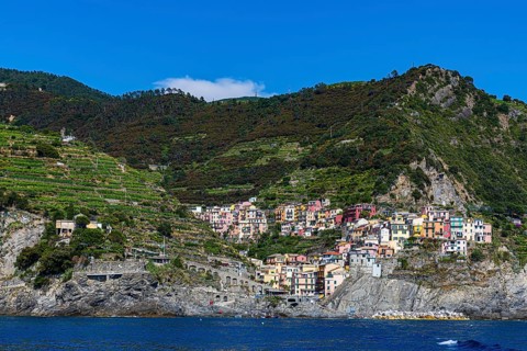 The village of Manarola with its nested pastel-coloured houses built into the hillside