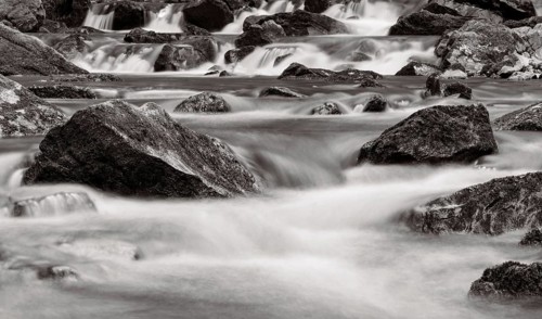 Mountain stream flows over moss-covered stones