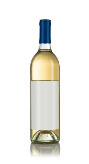 Wine bottle with white wine and blank wine label ready for you own design and text against a white background