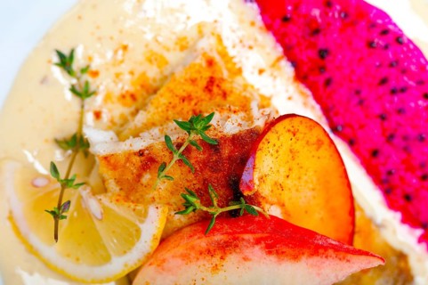 Sea bream orata fillet butter pan fried with fresh peach prune and dragonfruit slices thyme on top